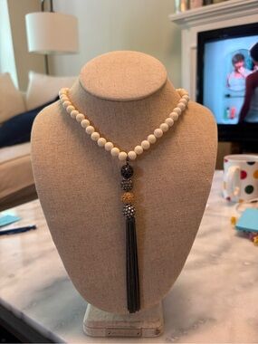 Stella & Dot Cream Bead Necklace with Gold and Black Tassel Accents